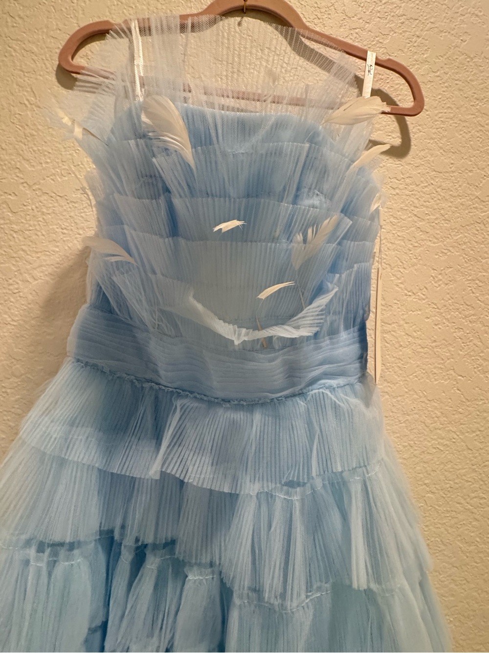 NWT Mac Duggal Light Blue Tulle Strapless Mini Dress Feather Accents ($798) - Picture 7 of 9